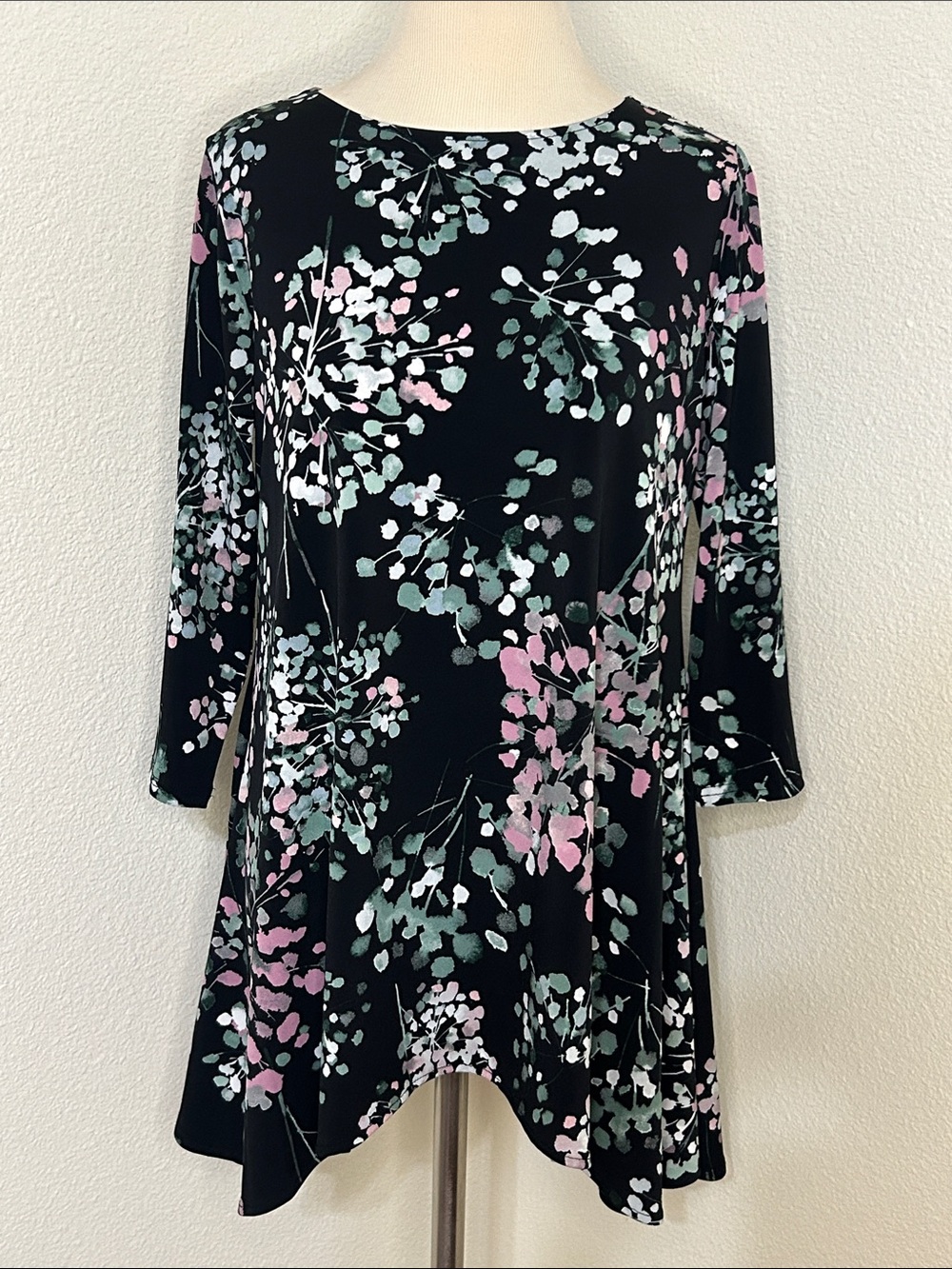 Whimsical Alfani Black Floral Swing Dress Top with Pink & Green Accents S Small